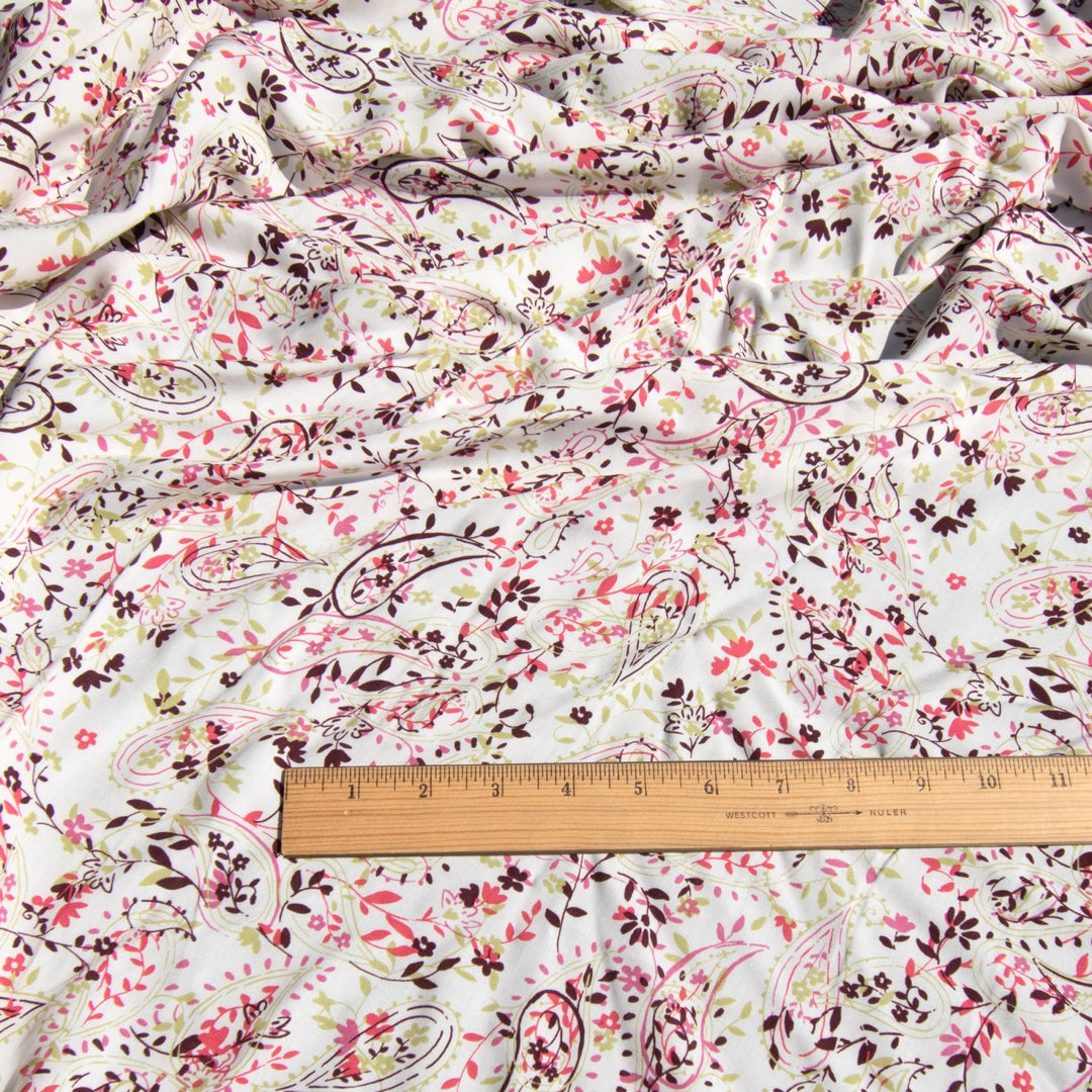 Rayon Challis Cream Paisley Floral Fabric 56-inch width with lime, eggplant, coral, and pink design