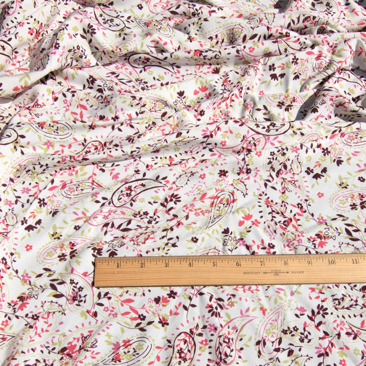 Rayon Challis Cream Paisley Floral Fabric 56-inch width with lime, eggplant, coral, and pink design