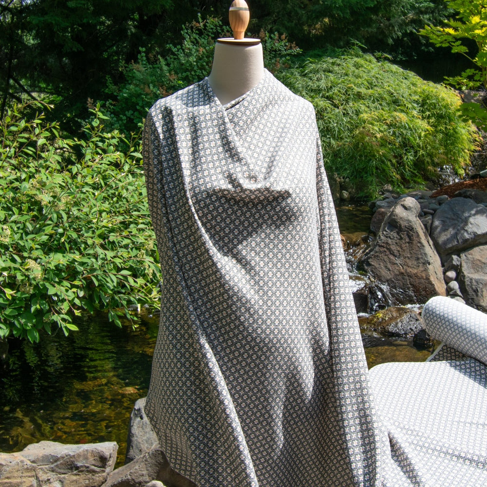 Gray Rayon Crepe Fabric with Daisy Block Pattern, Apricot Centers, 51-Inch Width