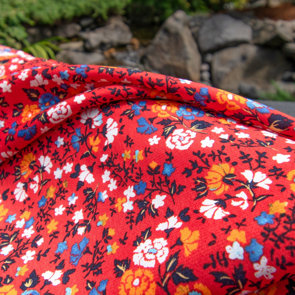 Rayon Crepe Red Stenciled Floral fabric 51 inch wide for dresses skirts and blouses