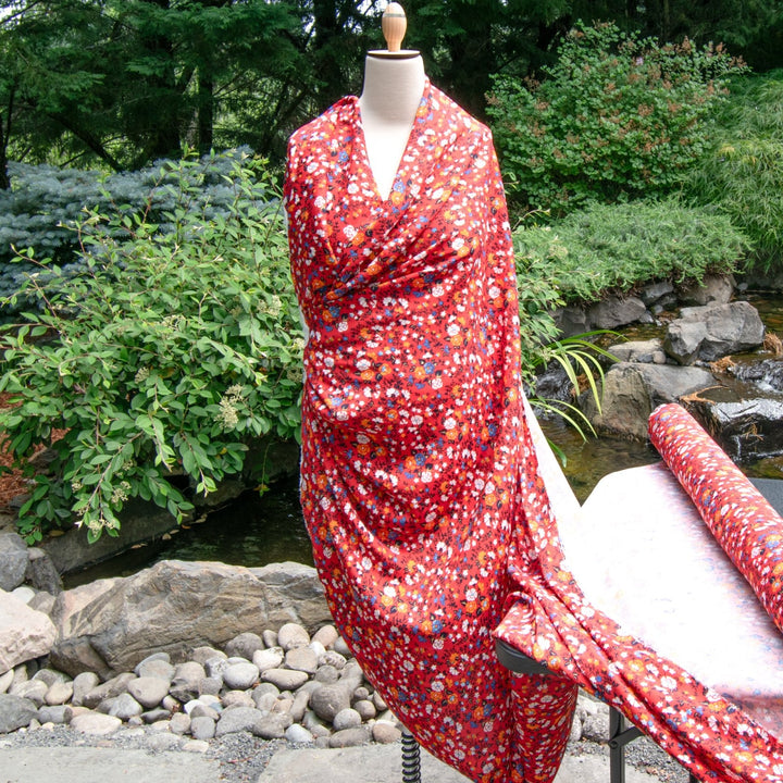 Rayon Crepe Red Stenciled Floral fabric 51 inch wide for dresses skirts and blouses