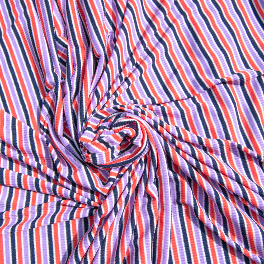 Multi Stripe Sunset Tones Rayon Rib Knit Fabric - 97% Rayon 3% Elastane - Colorful Stretchy Material for Camisoles & Dresses