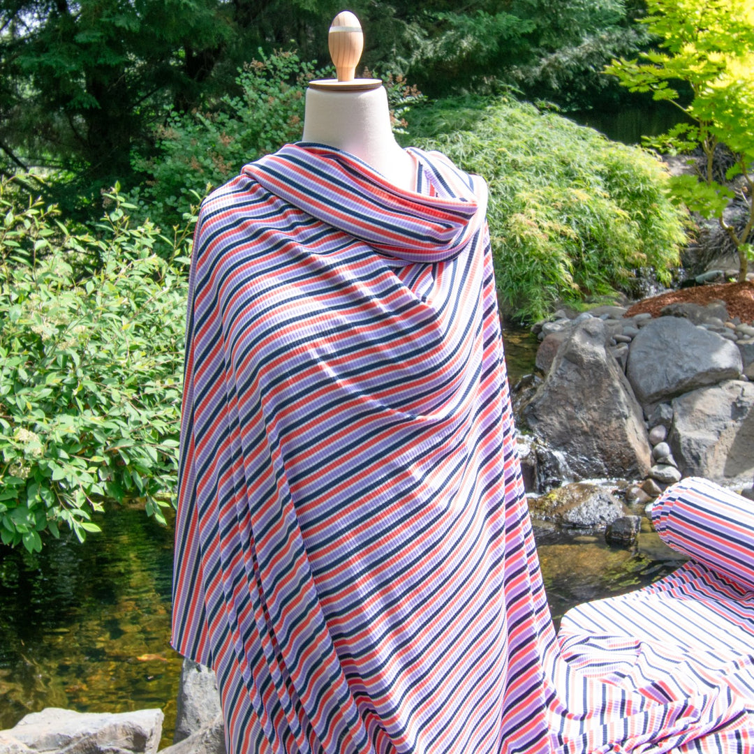 Multi Stripe Sunset Tones Rayon Rib Knit Fabric - 97% Rayon 3% Elastane - Colorful Stretchy Material for Camisoles & Dresses