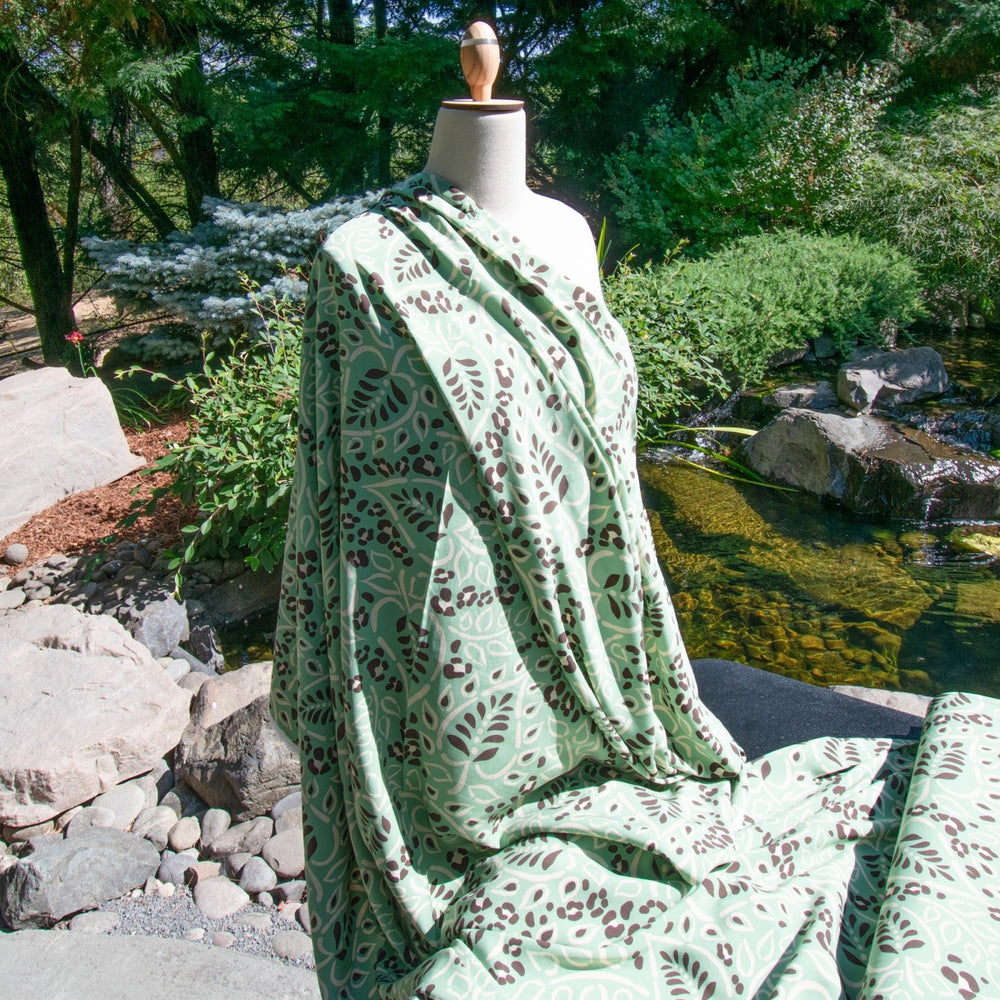 Viscose Voile Mint Chip Leaves fabric in mint green, chocolate brown, and cream, soft drape, 55-inch width