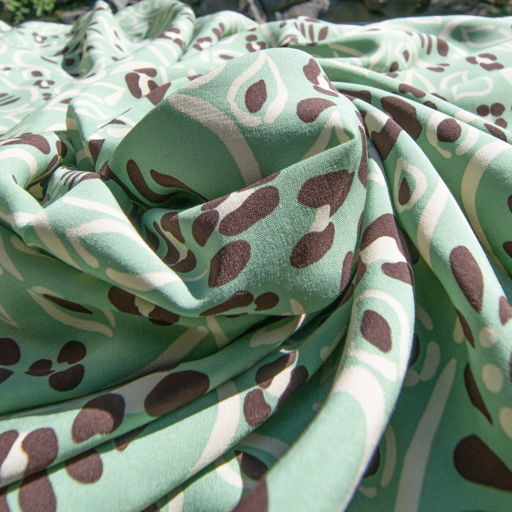 Viscose Voile Mint Chip Leaves fabric in mint green, chocolate brown, and cream, soft drape, 55-inch width