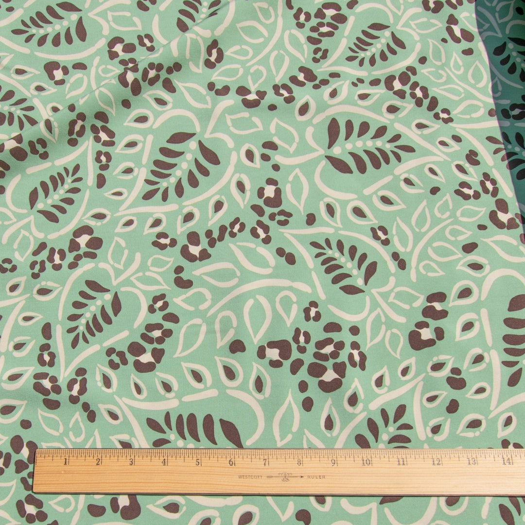 Viscose Voile Mint Chip Leaves fabric in mint green, chocolate brown, and cream, soft drape, 55-inch width
