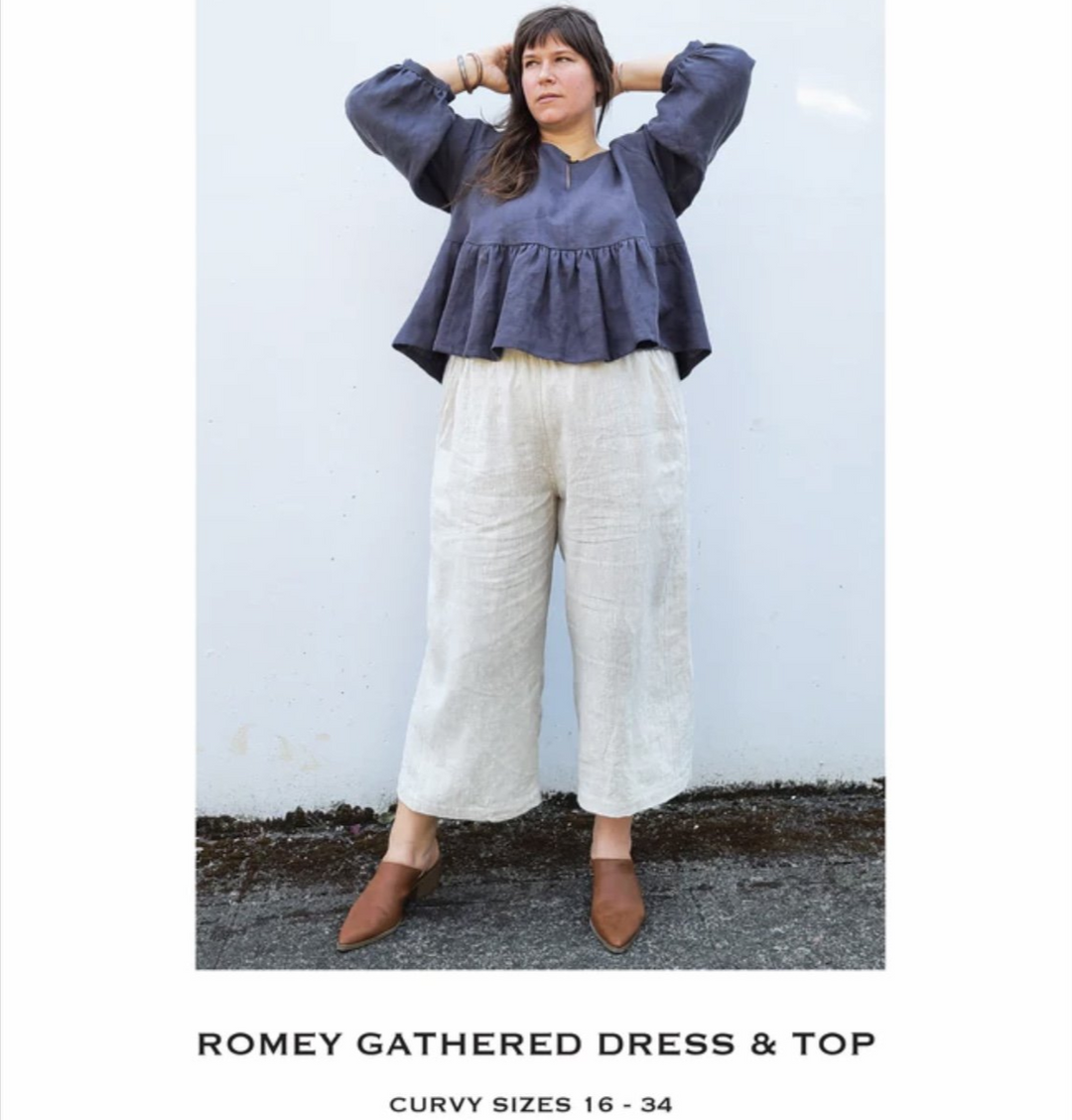 Sew House Seven Romey Gather Dress & Top pattern for curvy sizes 16–34 with empire waist, gathered skirt, peplum top, and optional patch pockets.