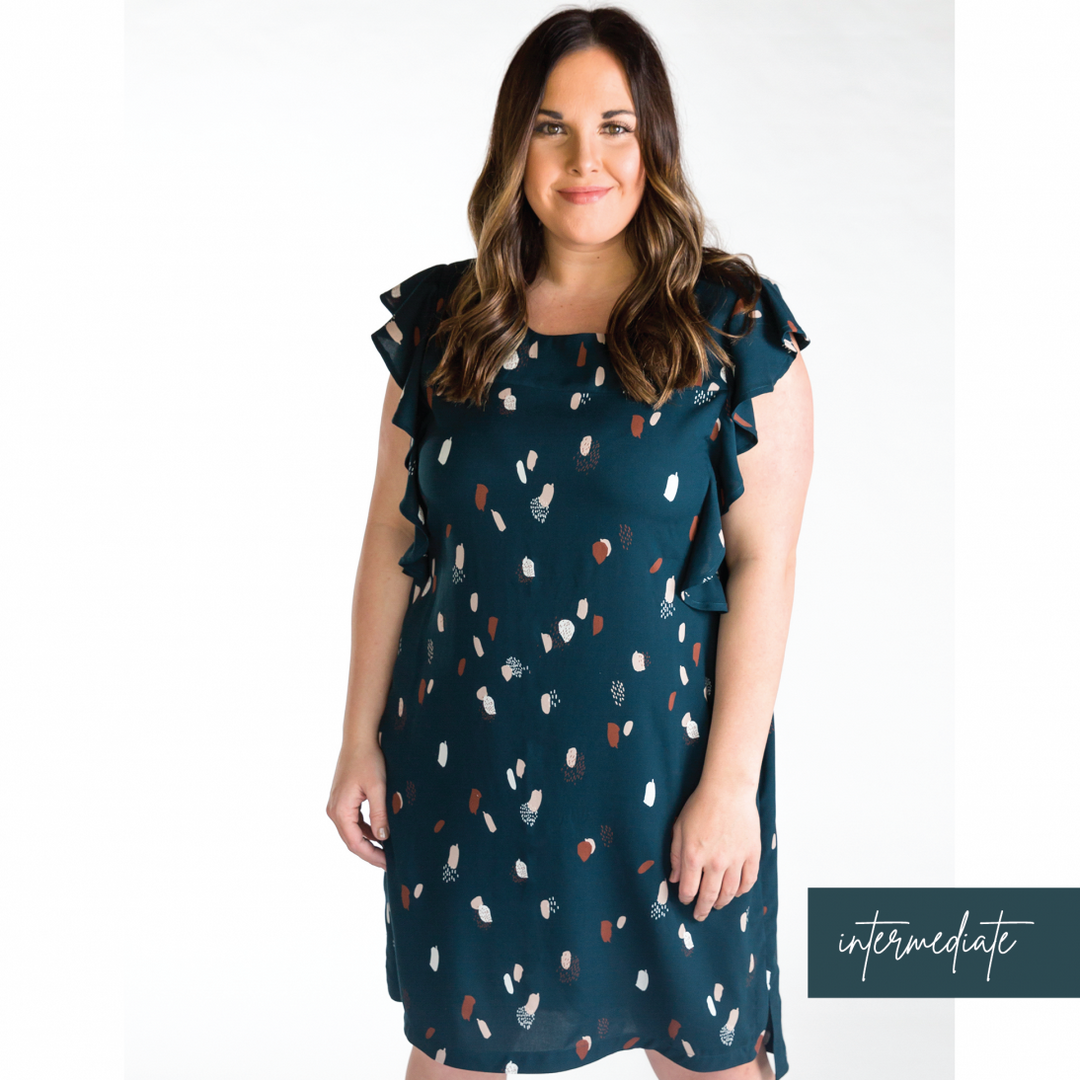 Chalk & Notch Farrah Blouse & Dress sewing pattern with ruffle details and high-low hemline
