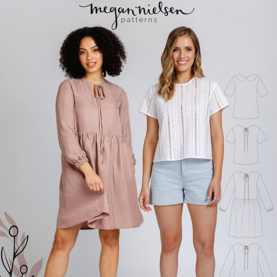 Megan Nielsen Sudley sewing pattern reversible blouse and gathered waist dress with keyhole neckline