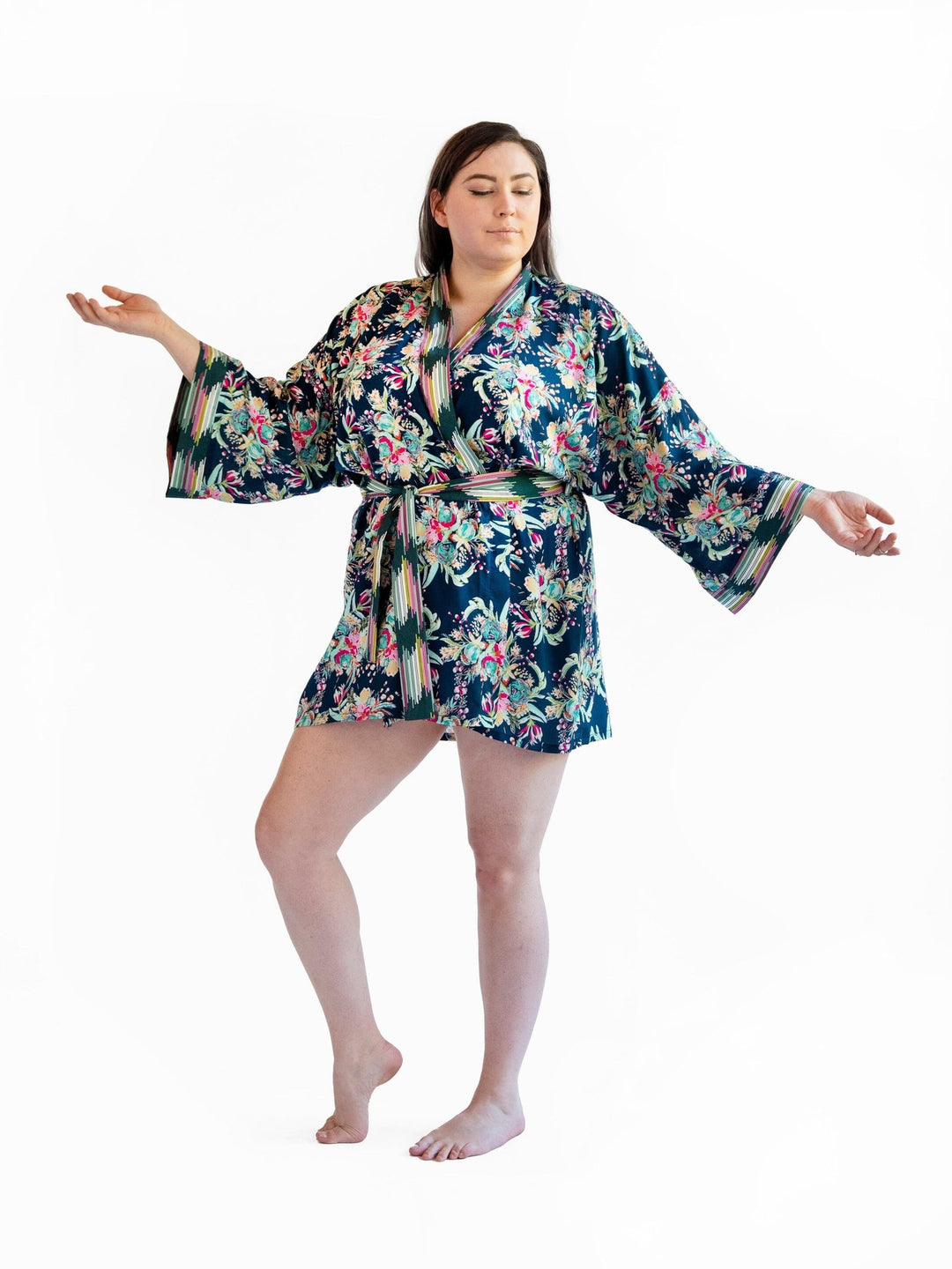 Signature Robe Tropical Teal Kimono-Style Floral Print Lounge Wear