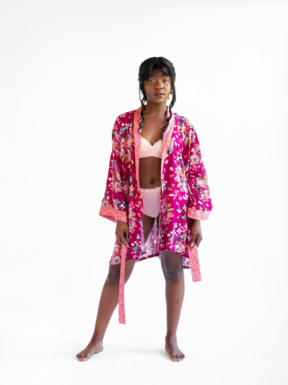 Magenta Moment Signature Robe - Floral kimono-style lounge robe in lightweight rayon with pink, purple, and floral pattern