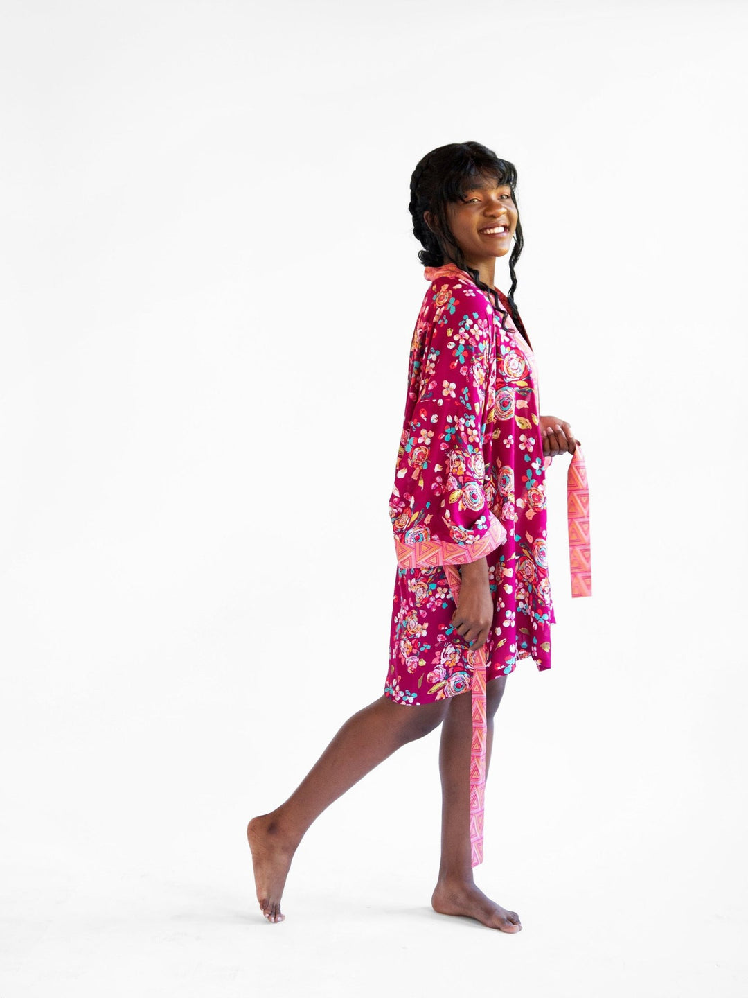 Magenta Moment Signature Robe - Floral kimono-style lounge robe in lightweight rayon with pink, purple, and floral pattern