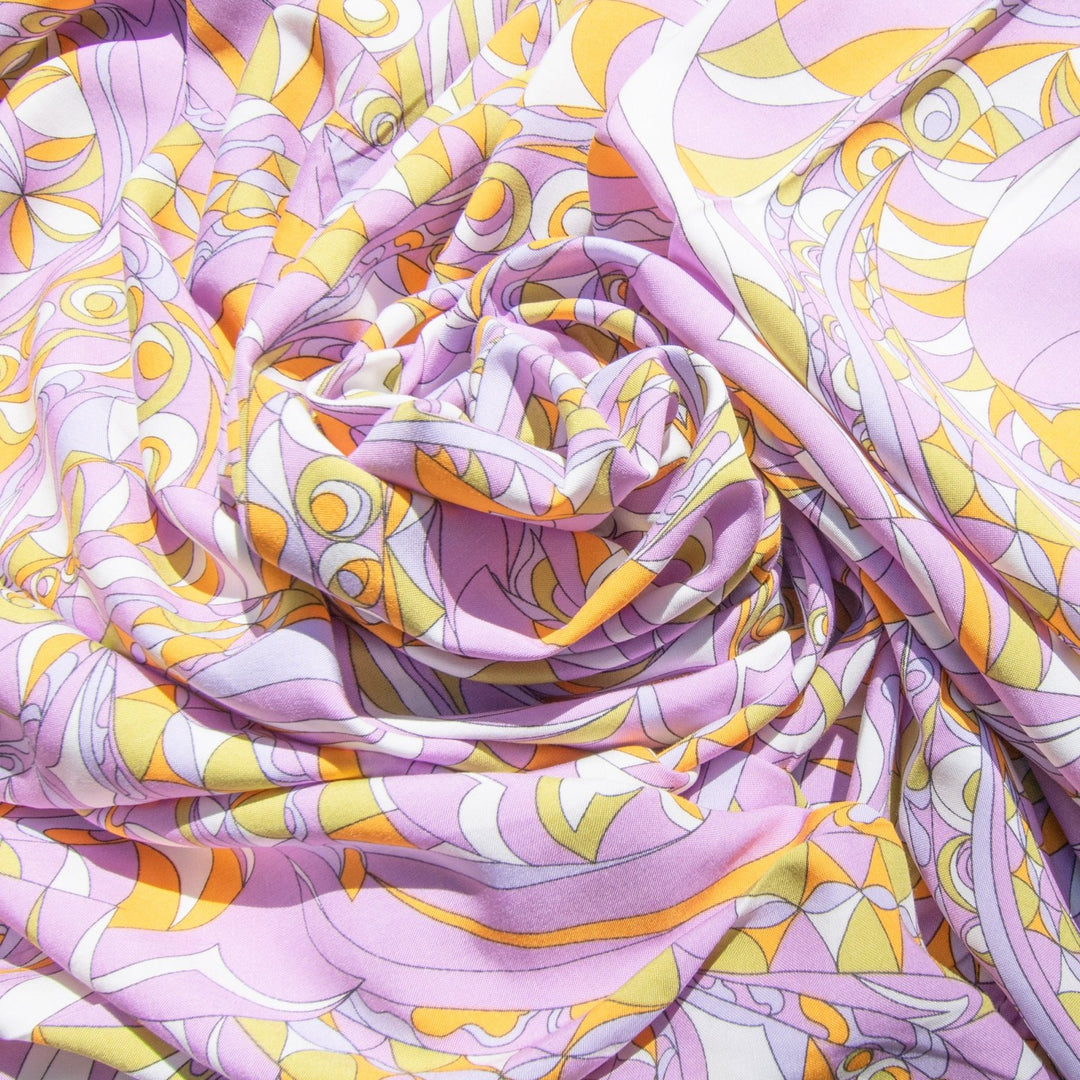 Retro Purple Mod Rayon Challis fabric, 100% rayon, OEKO-TEX certified, bold Pucci-inspired print, 55-inch width