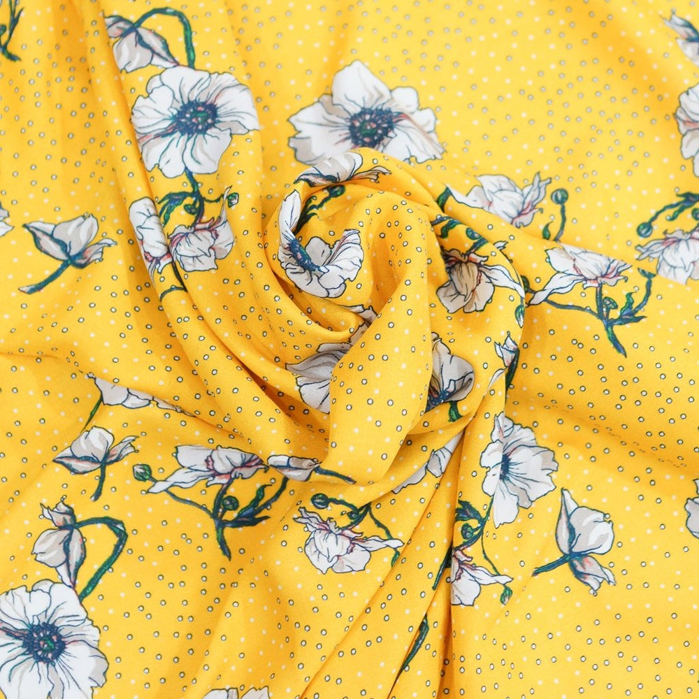Rayon Challis fabric in poppy yellow, lightweight and soft drape for dresses and skirts