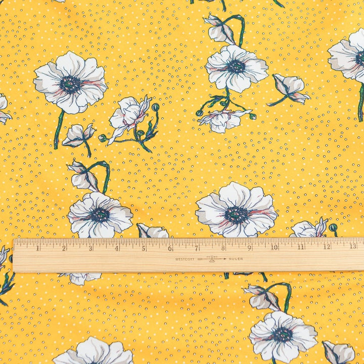 Rayon Challis fabric in poppy yellow, lightweight and soft drape for dresses and skirts
