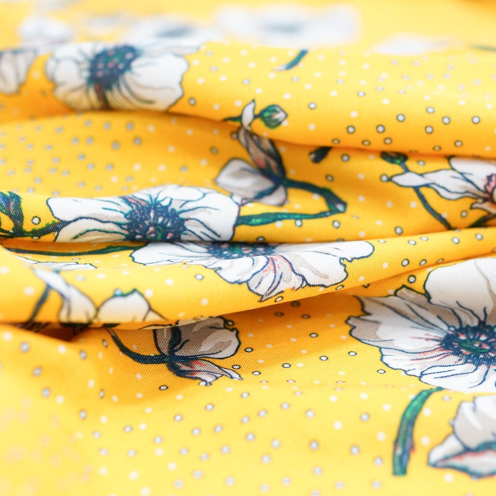 Rayon Challis fabric in poppy yellow, lightweight and soft drape for dresses and skirts