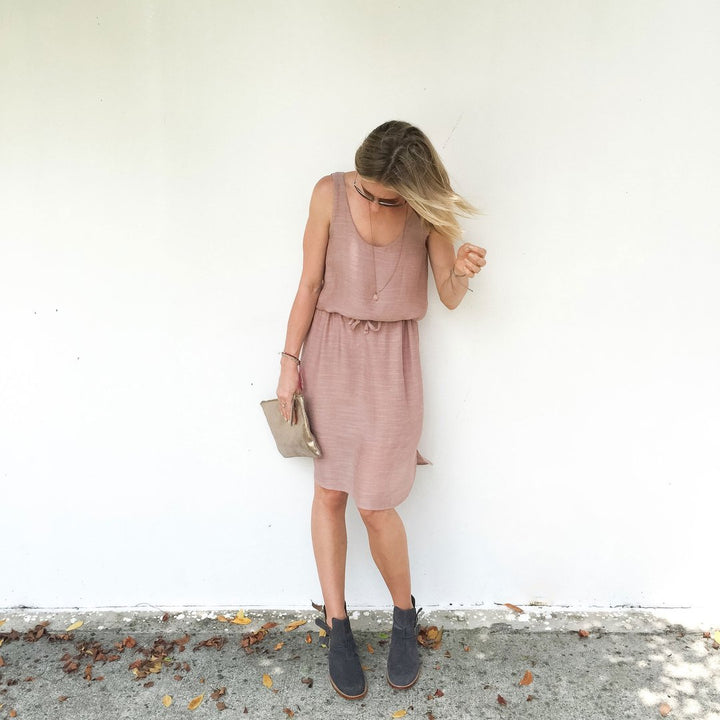 Cali Faye Basics Dress Pattern – versatile everyday dress sewing pattern with scooped neckline and knee-length hem