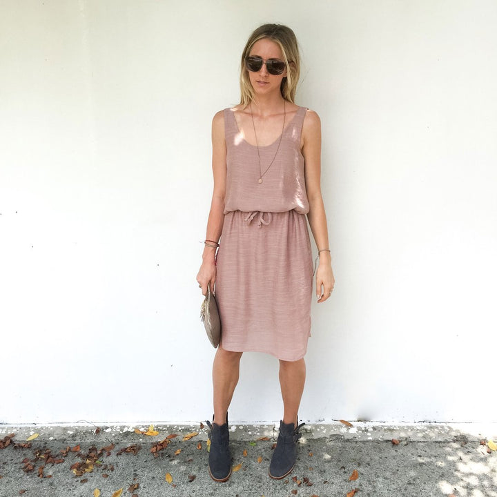 Cali Faye Basics Dress Pattern – versatile everyday dress sewing pattern with scooped neckline and knee-length hem