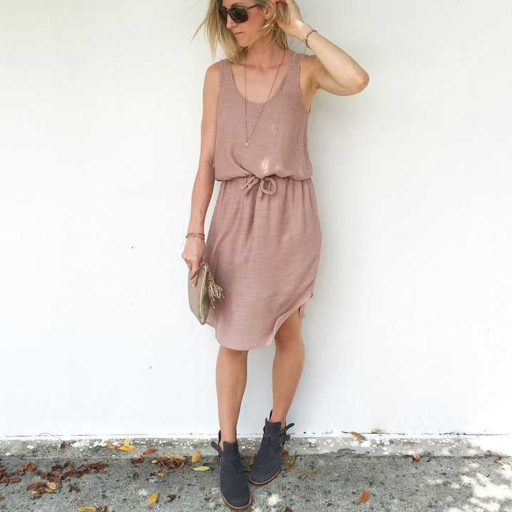 Cali Faye Basics Dress Pattern – versatile everyday dress sewing pattern with scooped neckline and knee-length hem