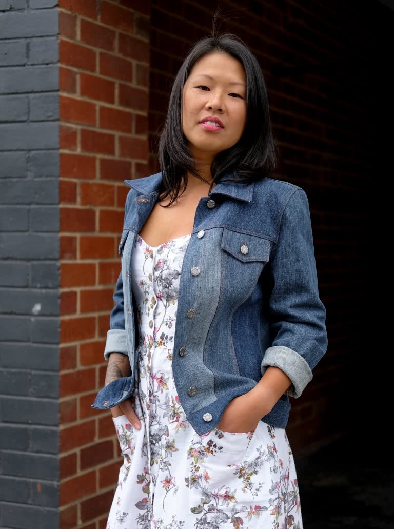 Style Arc Stacie Jean Jacket sewing pattern with high-hip fit, deep-hem sleeves, and classic tailored silhouette