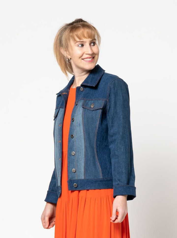 Style Arc Stacie Jean Jacket sewing pattern with high-hip fit, deep-hem sleeves, and classic tailored silhouette