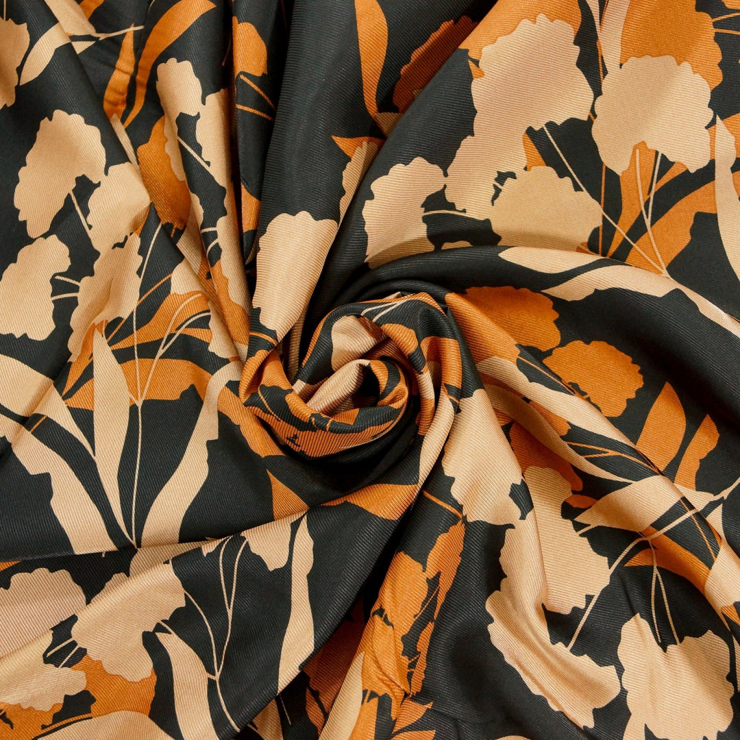 Rayon Viscose Satin Twill Sunset Floral fabric in glossy satin finish with sunset-inspired floral pattern, 58-inch wide
