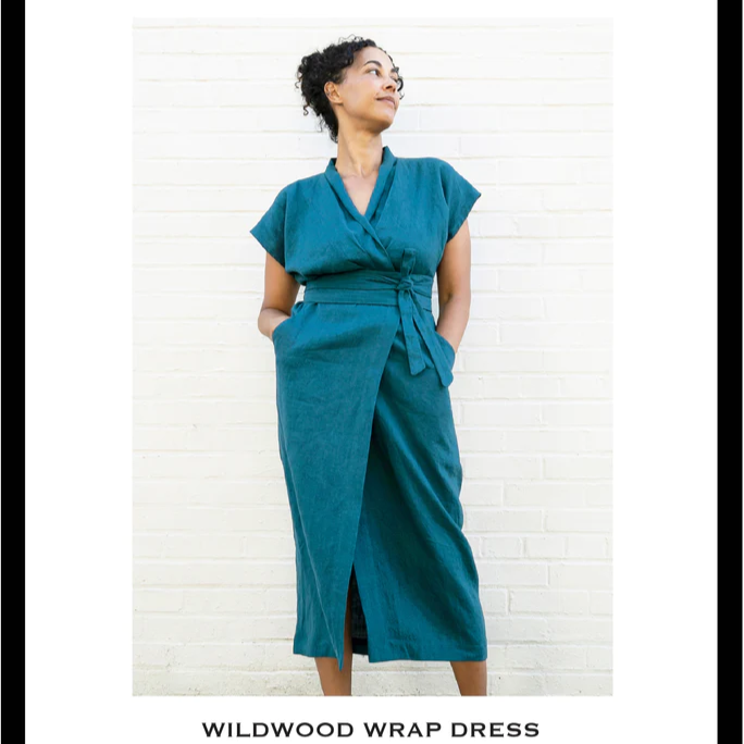 Sew House Seven Wildwood Wrap Dress sewing pattern shawl collar wrap dress with obi-inspired belt and deep skirt pockets