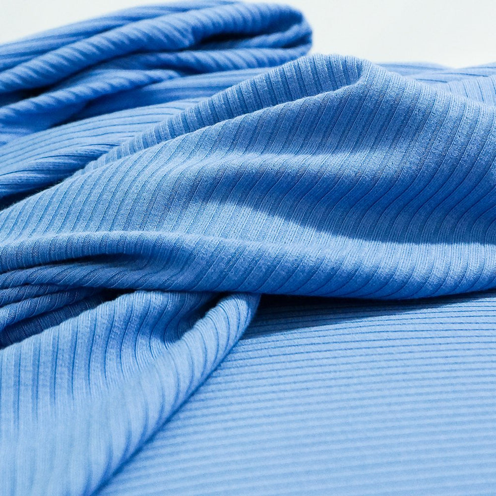 Summer Blue Bamboo Rib Knit Fabric - 89.5% Bamboo 10.5% Spandex - 4-Way Stretch Eco-Friendly Material for Dresses & Tanks