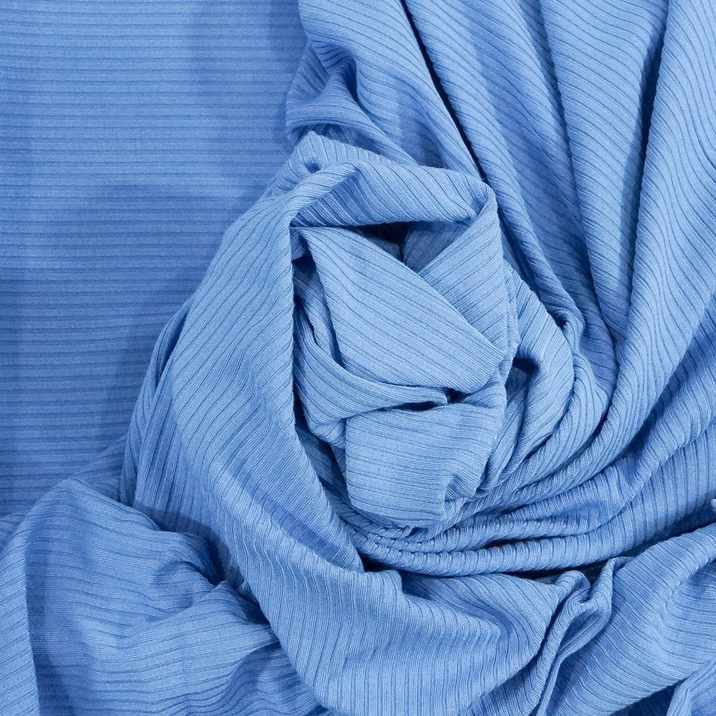 Summer Blue Bamboo Rib Knit Fabric - 89.5% Bamboo 10.5% Spandex - 4-Way Stretch Eco-Friendly Material for Dresses & Tanks