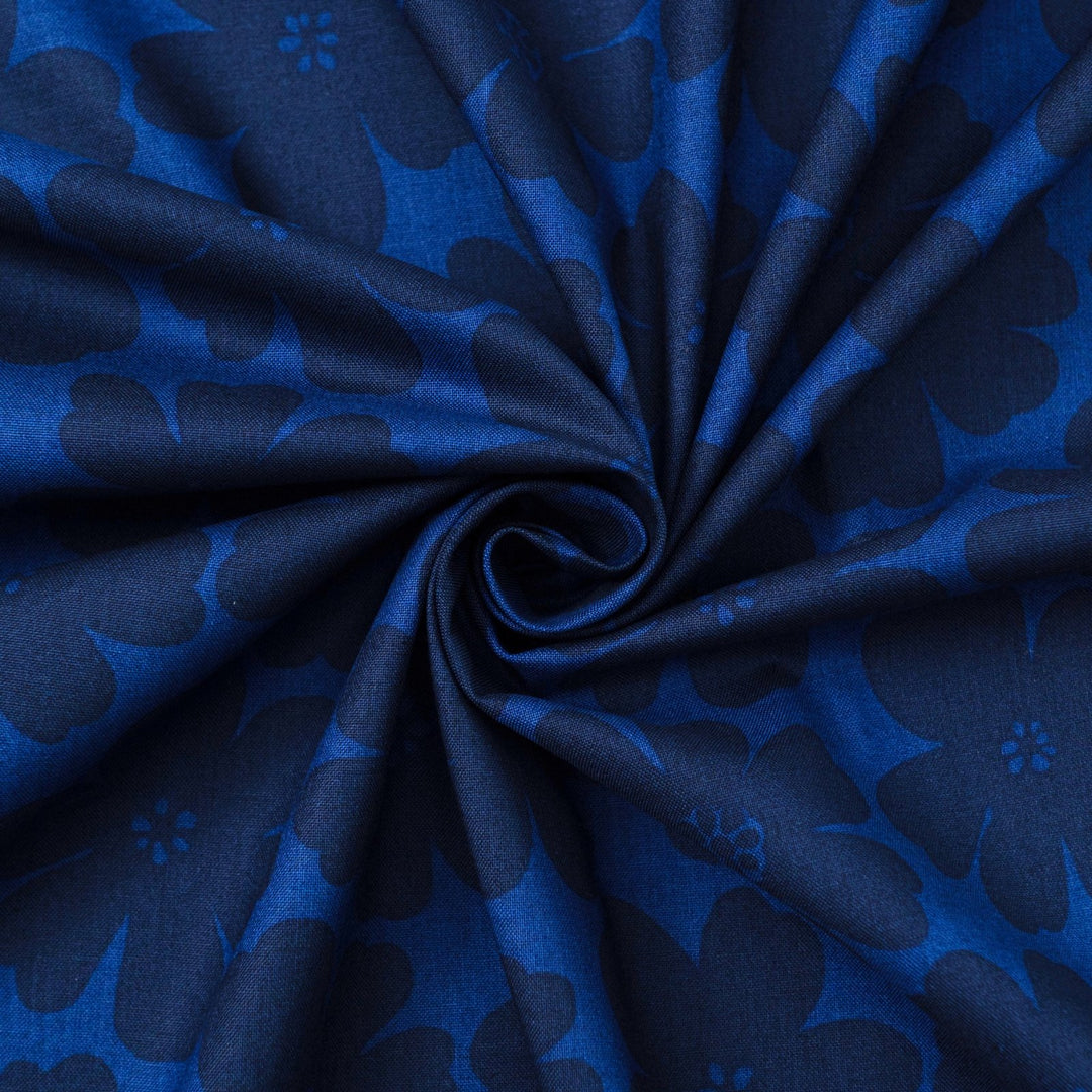 Japanese Cotton Poplin Tonal Flowers in Royal Blue fabric with large floral motifs