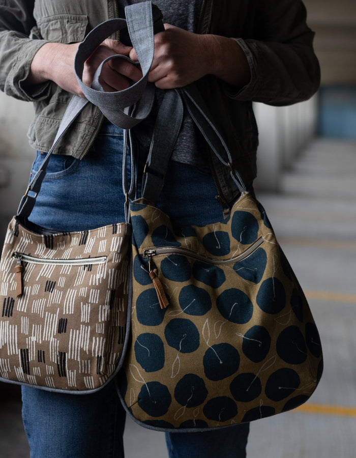 Noodlehead Trail Tote pattern with piping detail, zippered pocket, and adjustable crossbody strap