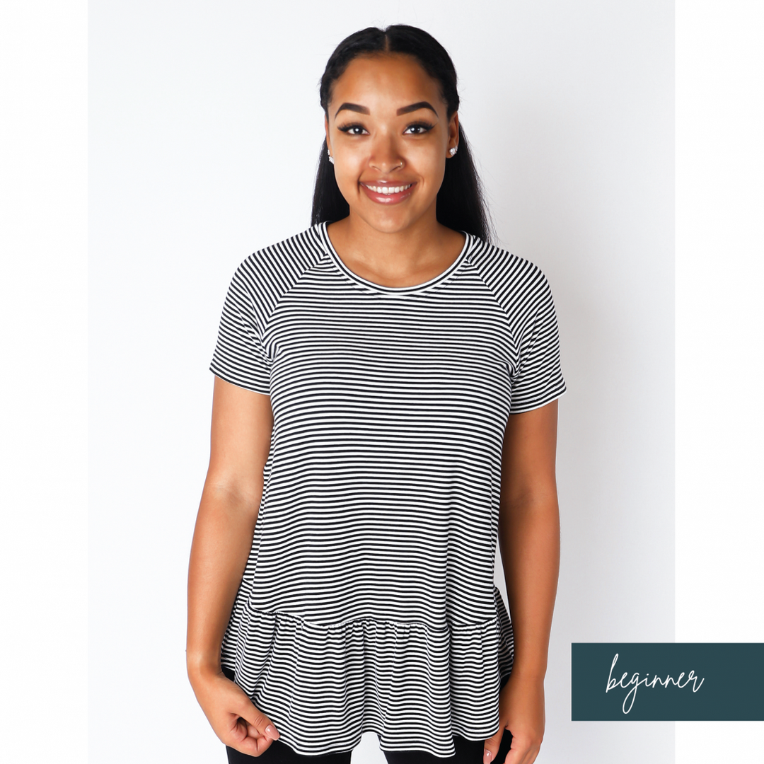 Chalk & Notch Waterfall Raglan sewing pattern with cropped, ruffle top, and ruffle dress options