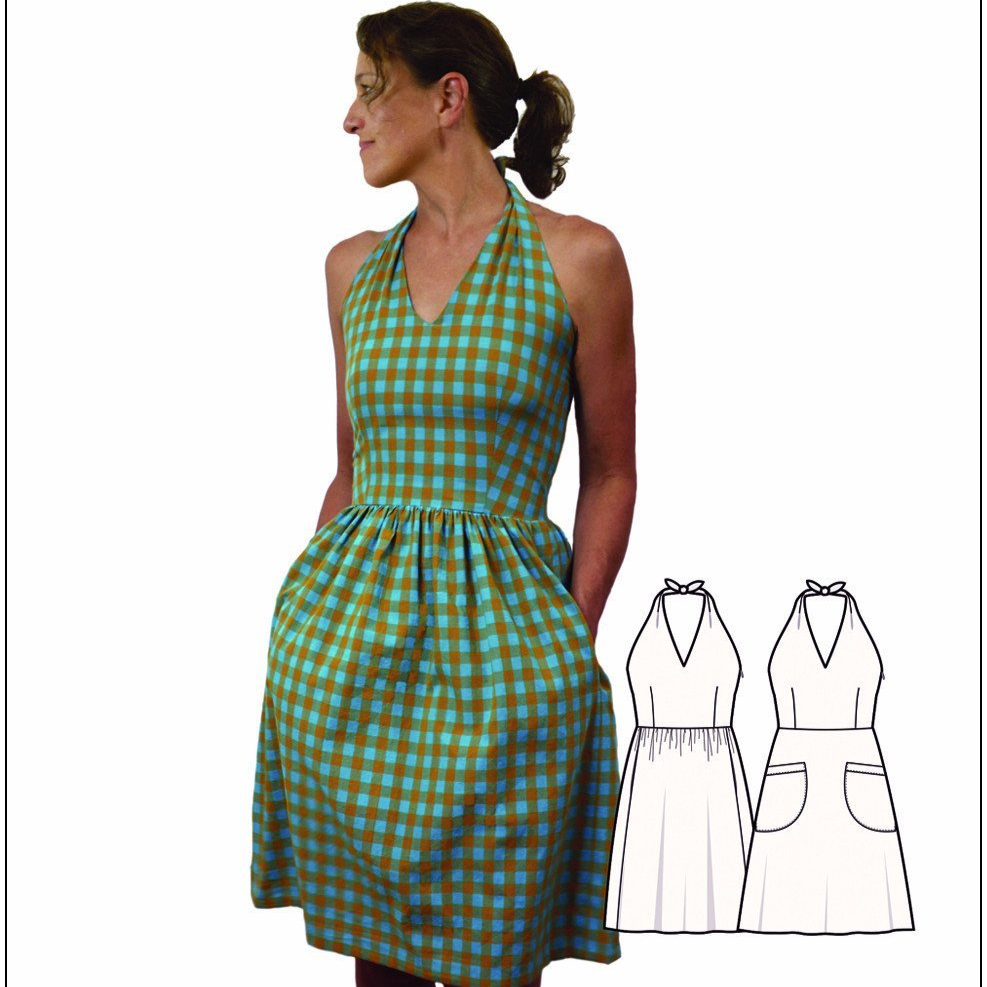 Sew House Seven Rose City Halter Dress sewing pattern – fitted halter bodice with skirt options and pockets