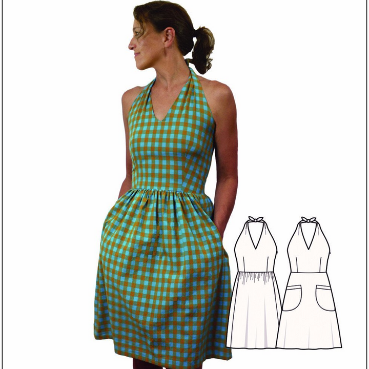 Sew House Seven Rose City Halter Dress sewing pattern – fitted halter bodice with skirt options and pockets