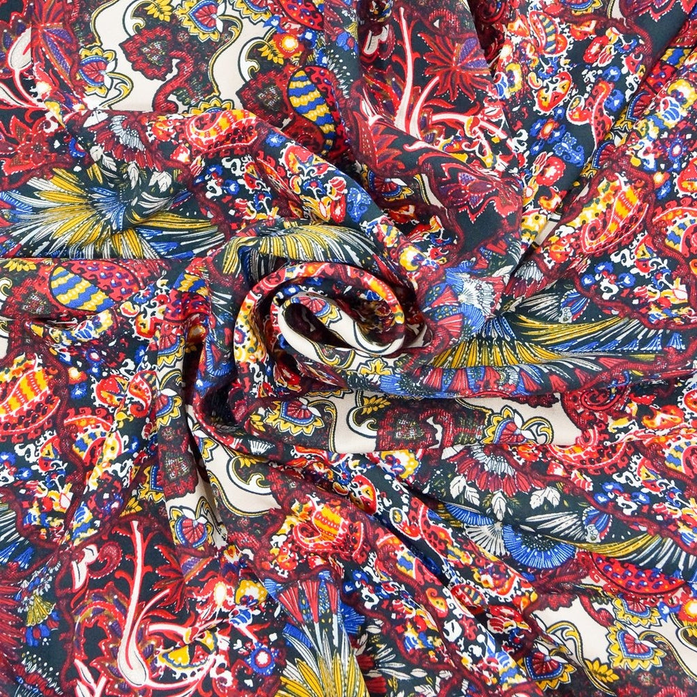 Viscose Twill Mardi Gras fabric in rich vibrant colors, 57-58 inches wide, perfect for sewing blouses and dresses