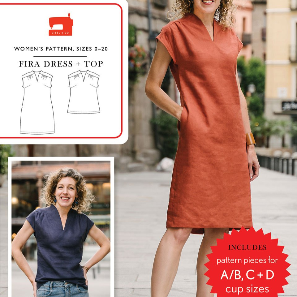 Liesl + Co Fira Dress and Top sewing pattern with V-neckline and yoke details