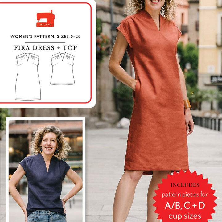 Liesl + Co Fira Dress and Top sewing pattern with V-neckline and yoke details