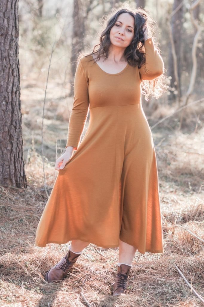 Sew Liberated Stasia Dress and Top in soft knit fabric, showcasing V-front bodice and flowing fit