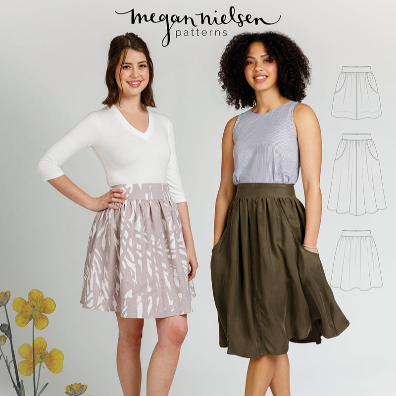Megan Nielsen - Brumby Skirt sewing pattern with gathered skirt design, deep scoop pockets, exposed zipper, and length variations in sizes 0–20