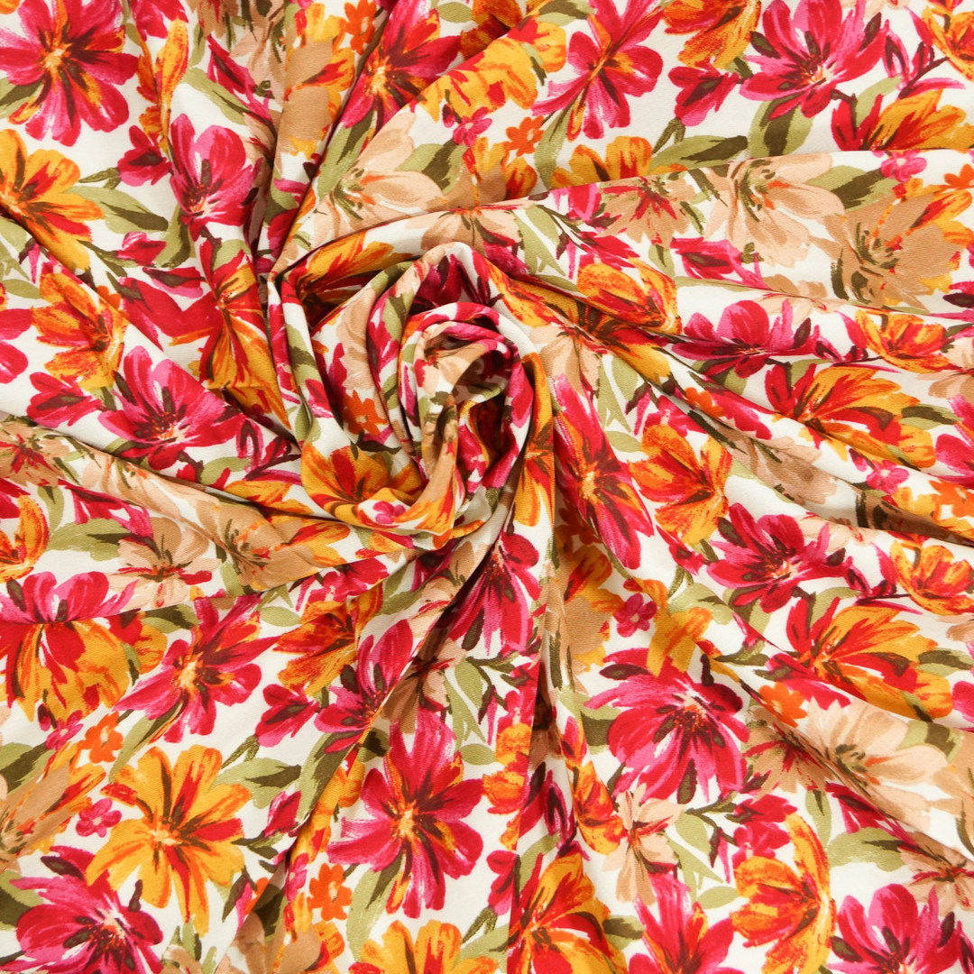 Rayon Poplin fabric in Wine & Tangerine Floral pattern, 100% rayon challis, lightweight and flowing, ideal for dresses and blouses.