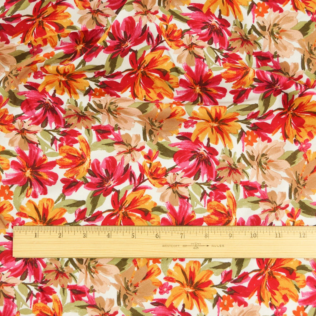 Rayon Poplin fabric in Wine & Tangerine Floral pattern, 100% rayon challis, lightweight and flowing, ideal for dresses and blouses.
