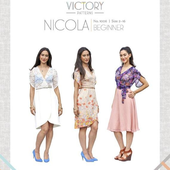 Victory Patterns Nicola wrap dress with tulip skirt, petal sleeves, and sash closure in lightweight fabric