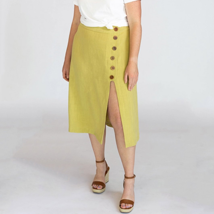 Chalk & Notch Evelyn Skirt sewing pattern with button-front and elastic waist variations in midi and mini lengths, sizes 0–30.